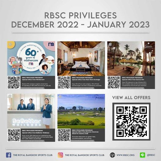 6 people and RBSC PRIVILEGES DECEMBER 2022 JANUARY 2023 m PARENTING MAKING 60 EASIER yearsof mothercare 1 SINCE 1961 BeBetter VIEW ALL OFFERS Bedetter PRIVILEGES PROGRAM ROYAL BANGKOK THE ROYAL BANGKOK SPORTS WWW RBSC ORG RBSC