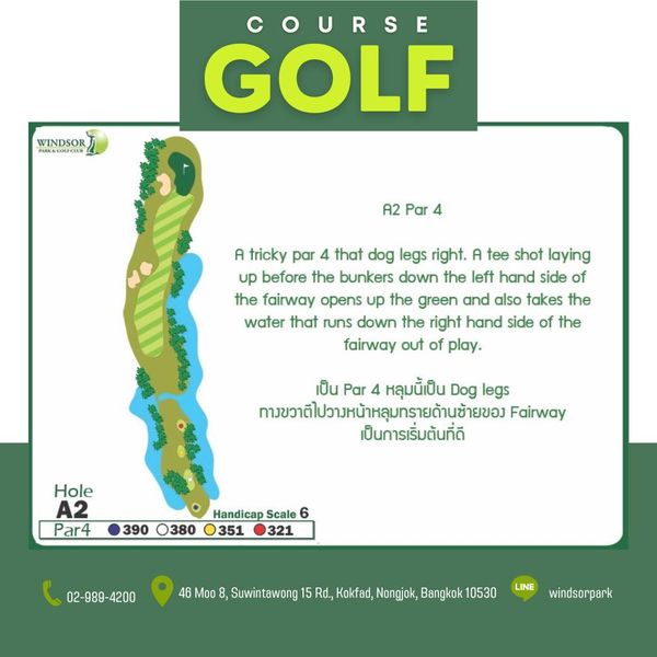 สนามกอล์ฟวินด์เซอร์ปาร์คฯ Windsor Park amp Golf Club WINDSOR PARKACOLFCIL COURSE GOLF A2 Par 4 A tricky par that dog legs right A tee shot laying up before the bunkers down the left hand side of the fairway opens up the green and also takes the water that runs down the right hand side of the fairway out of play เป็น Par หลุมนี้เป็น Dog legs ทางขวาตีไปวาหน้าหลุมทรายด้านช้ายของ Fairway เป็นการเริ่มต้นที่ดี Hole A2 Par4 390 0380 Handicap Scale 351 321 02 989 4200 02 4200 8 Suwintawong Rd Kokfad Nongjok Bangkok 10530 LINE windsorpark