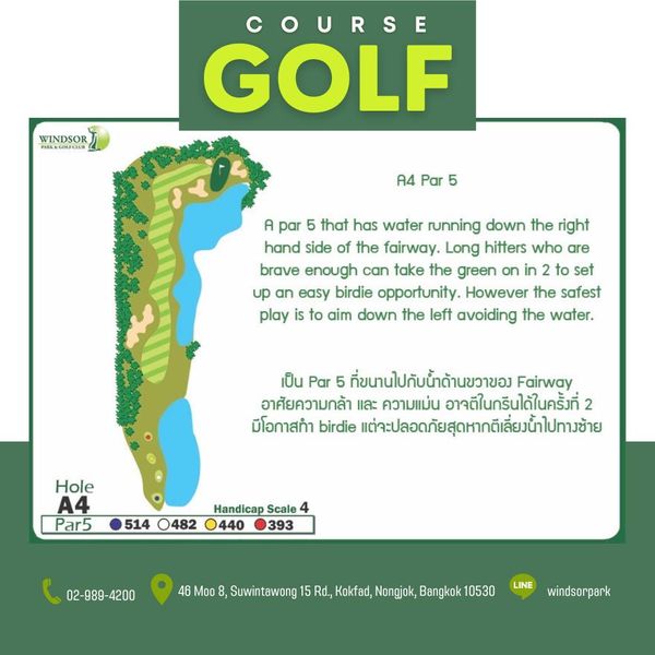 สนามกอล์ฟวินด์เซอร์ปาร์คฯ Windsor Park amp Golf Club WINDSOR S COURSE GOLF A4 Par 5 A par that has water running down the right hand side of the fairway Long hitters who are brave enough can take the green in to set up an easy birdie opportunity However the safest play is to aim down the left avoiding the water เป็น Par ที่ขนานไปกับน้ำด้านขวาของ Fairway อาศัยความกล้า และ ความแม่น อาจตีในกรีนได้ในครั้งที่ มีโอกาสทำ birdie แต่จะปลอดภัยสุดหากตีเลี่ยงน้ำไปทางช้าย Hole A4 Par5 514 O482 Handicap Scale 440 393 02 989 4200 Moo Suwintawong Rd Kokfad Nongjok Bangkok 10530 LINE windsorpark