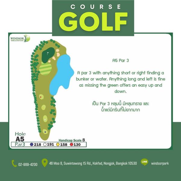 สนามกอล์ฟวินด์เซอร์ปาร์คฯ Windsor Park amp Golf Club WINDSOR WINDSOR PARK GOUFCIAD COURSE GOLF A5 Par 3 A par with anything short or right finding a bunker or water Anything long and left fine as missing the green offers an easy up and down เป็น Par หลุมนี้ มีหลุมทราย และ น้ำแต่มีกรีนที่ไม่ยากมาก Hole A5 Par3 218 0191 Handicap Scale 158 130 02 989 4200 4200 46 Moo Suwintawong Rd Kokfad Nongjok Bangkok 10530 LINE windsorpark