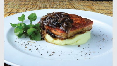 Pan Fried Salmon Trout Steak with Balsamic Onion and Mashed Potat