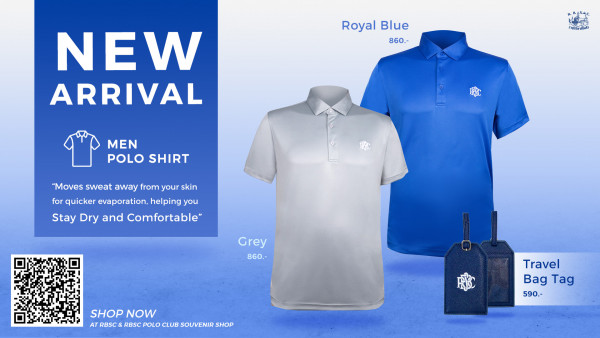 The Royal Bangkok Sports Club nbsp กอล์ฟ และ ข้อความพูดว่า RoyalBlue Royal Blue 860 NEW ARRIVAL TiakomSedh MEN POLO SHIRT Moves sweat away from your skin for quicker evaporation helping you Stay Dry and Comfortable Grey 860 SHOP SHOPNOW NOW AT RBSC RBSC POLO CLUB SOUVENIR AT RBSC RESC POLOCLUBSOUVENRASHOP SHOP Travel Bag BagTag Tag 590