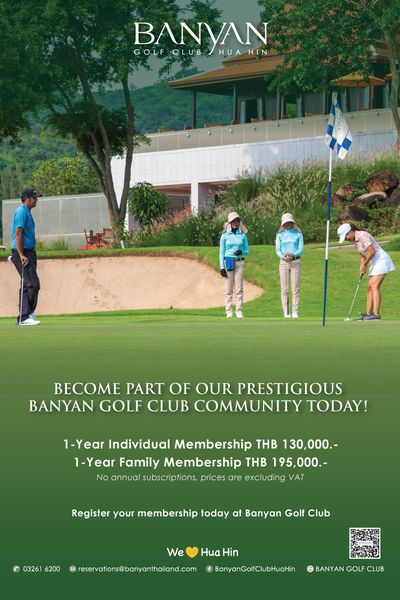 Banyan Golf Club Hua Hin 4 people grass and BANYAN GOLF GOLFCLUB CLUB HUA HIN BECOME PART OF OUR PRESTIGIOUS BANYAN GOLF CLUB COMMUNITY TODAY 1 Year Individual Membership THB 130 000 1 Year Family Membership THB 195 000 No annual subscriptions prices are excluding VAT Register your membership today at Banyan Golf Club We Hua Hin 03261 6200 2 reservations banyanthailand com BanyanGolfClubHuaHin BANYAN CLUB