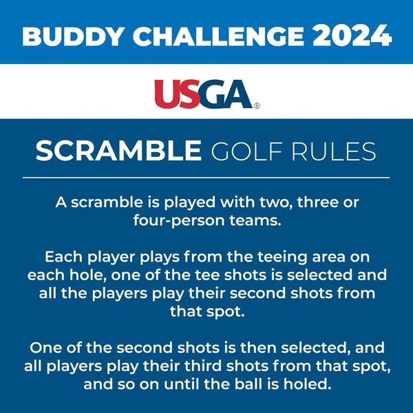 Lake View Resort amp Golf Club nbsp golf golf course and BUDDY CHALLENGE 2024 USGA SCRAMBLE GOLF RULES A scramn is played with two three or four person teams Each player plays from the teeing area on each hole one of the tee shots is selected and all the players play their second shots from that spot One of the second shots is then selected and all players play their third shots from that spot and so on until the ball is holed