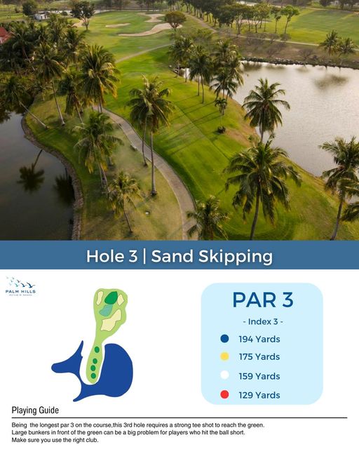 Palm Hills Golf Club amp Residence nbsp golf golf course and Hole 3 PALM HILLS Sand Skipping PAR 3 Index 3 194 Yards 175 Yards Playing Guide 159 Yards 129 Yards Being longest par on the course th this 3rd hole requires strong tee shot reach the green Large bunkers front fthe green can big problem for players who hitthe ball short Make sure you se the right club