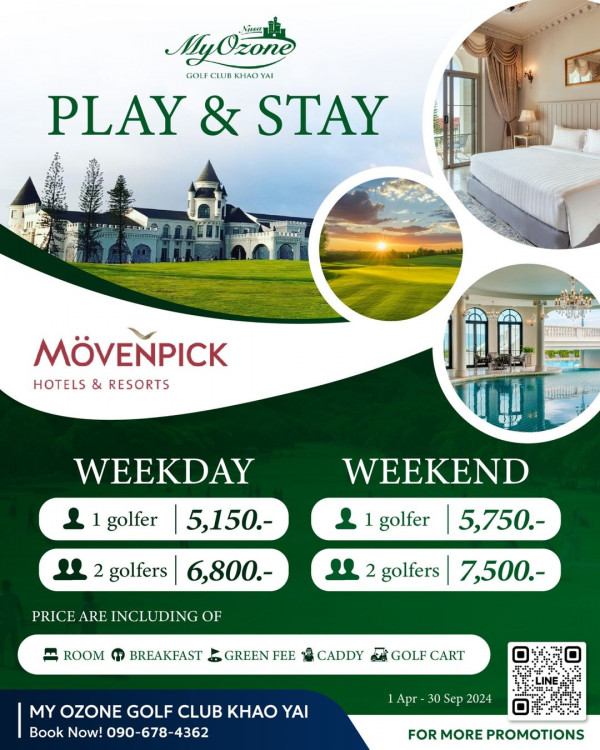 My Ozone Golf Club Khaoyai nbsp MyOzone Vise GOLFCIUR GOLFCIURKHAOYAI FCLUR GOLF YAI PLAY PLAY STAY STAY M VE PICK HOTELS HOTELS RESORTS RESORTS WEEKDAY 1 golfer 5 150 WEEKEND 1 golfer golfers 6 800 PRICE 5 750 INCLUDING OF 2 golfers 7 500 ROOM 1 BREAKFAST GREEN FEE CADDY GOLF CART MY OZONE GOLF CLUB KHO YAI Book Now 090 090 678 4362 Apr 1Apr 30Sep2024 30 Sep 2024 FOR FORMOREPROMOTIONS MORE PROMOTIONS