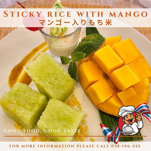 Chee Chan Golf STICKY RICE WITH MANGO ne Vi Restaurant GOOD FOOD GOOD TASTE FOR MORE INFORMATION PLEASE CALL 038 196 555