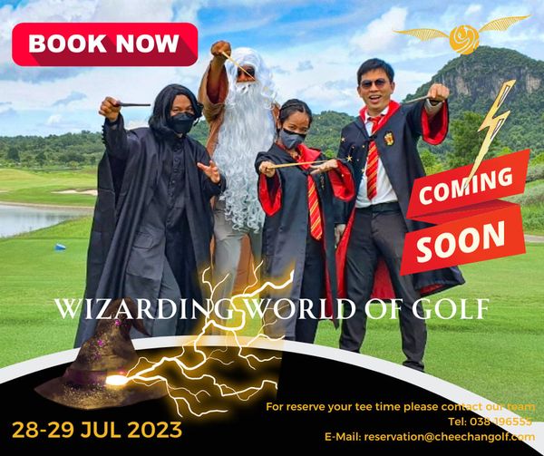 Chee Chan Golf 4 people people golfing and BOOK NOW COMING SOON WIZARDING GSWORLD OF GOLF 28 29 JUL 2023 For reserve your tee time please contact our team Tel 038196555 E Mail reservation cheechangolf com