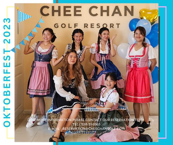 Chee Chan Golf 5 people dirndl and text