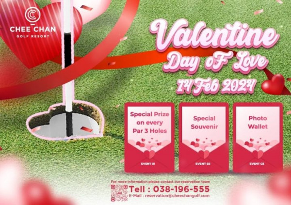 Chee Chan Golf nbsp CHEE CHAN GOLF RESORT Valentine Day OF Love 74Feb 2024 Special Prize on every Par 3 Holes Special Souvenir Photo Wallet EVENT EVENT 02 VEHT 03 For more information please contact our reservation team OPOTell Tell 038 196 555 E Mail reservation cheechangolf com