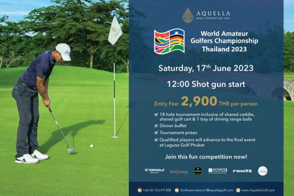 Aquella Golf amp Country Club 1 person golfing golf course and AQUELLA World Amateur Golfers Championship Thailand 2023 Saturday 17th June 2023 12 00 Shot gun start Entry Fee 2 900 THB per person 18 hole tournament inclusive of shared caddie Shado golf cart tray of driving range balls Dinner buffet Tournament prizes Qualified players will advance to the final event at Laguna Golf Phuket Join this fun competition now TOPGOLF EVCHAIN MONROEJ FENIX 66 0 76679308 www AquellaGolf com