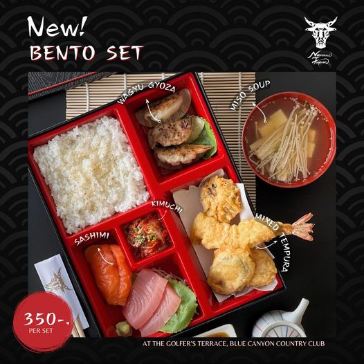 Blue Canyon Country Club sushi and New BENTO SET Nanam Tajan WAGYU GYOZA SOUP MISO KIMUCHI SASHIMI MIXED TEMPURA 350 PER SET AT THE GOLFER S TERRAO BLUE EC ANYON COL NRY CLUB