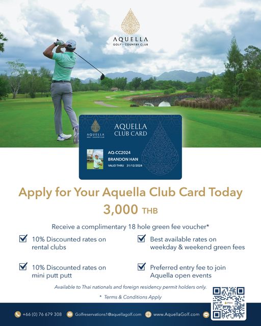 Aquella Golf amp Country Club nbsp 1 person golfing and AQUELLA GOLF COUNTRY CLUB A AQUELLA CLUB CLUBCARD CARD AQ CC2024 BRANDONHAN VALIDTHRU 31 12 2024 Apply for Your Aquella Club Card Today 3 000 THB Receive a complimentary 18 hole green fee voucher 10 Discounted rates on Best available rates on rental clubs weekday weekend green fees 10 Discounted rates on mini putt putt Available Preferred entry fee to join Aquella open events Thai nationals and foreign residency permit holders only Terms 308 Conditions Apply Golfreservations1 aquellagof com