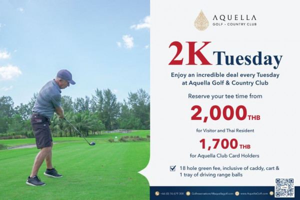 Aquella Golf amp Country Club nbsp 1 person golfing golf course and AQUELLA GOLF COUNTRY CLUB 2K Tuesday Enjoy an incredible deal every Tuesday at Aquella Golf Country Club Reserve your tee time from 2 000 THB for Visitor and Thai Resident 1 700 THB for Aquella Club Card Holders 18 hole green fee inclusive of caddy cart 1 tray of driving range balls Golfieservations1 aquellagolf com www AquellaGolf com